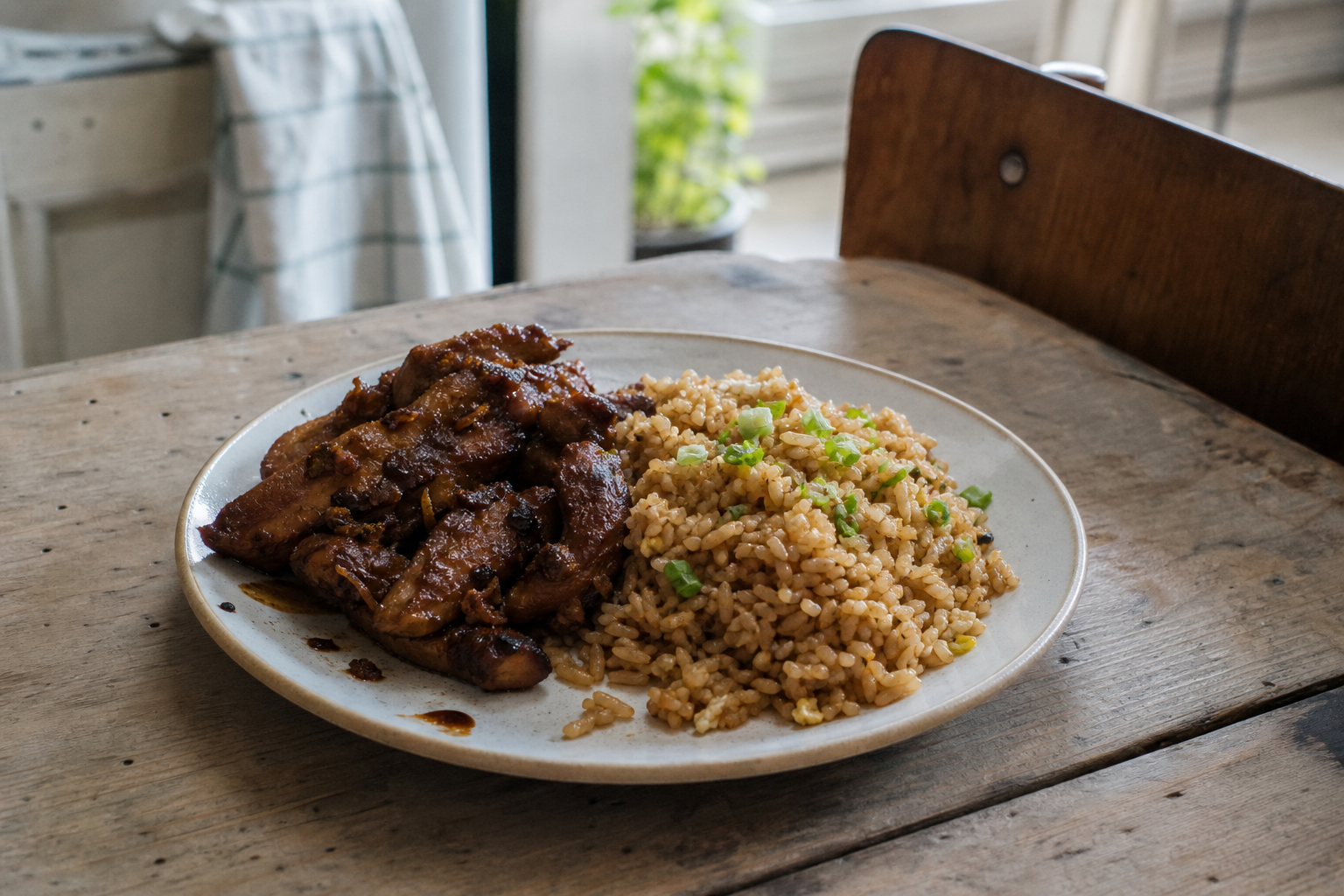 Saté uit de pan met ketjap en gebakken rijst