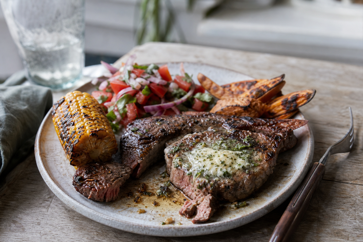 Rib-eye uit de pan met knoflookboter