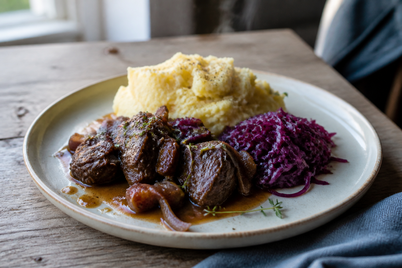 Wildstoof met aardappelpuree en rodekool