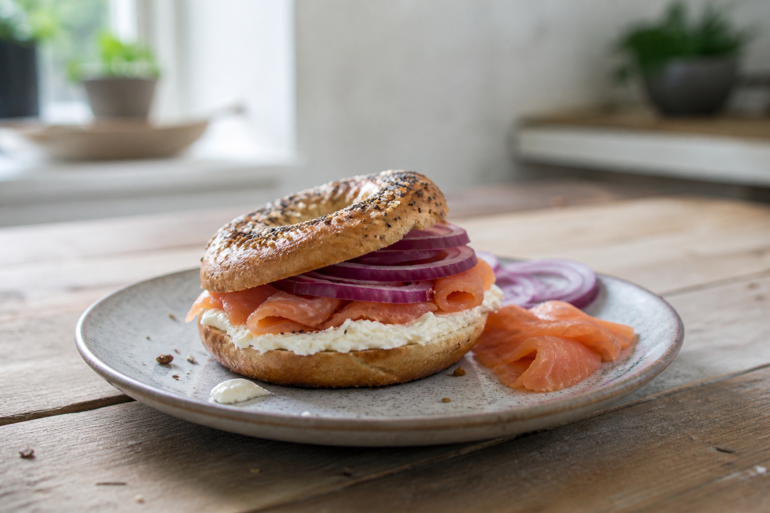 Bagel met roomkaas, gerookte zalm en rode ui