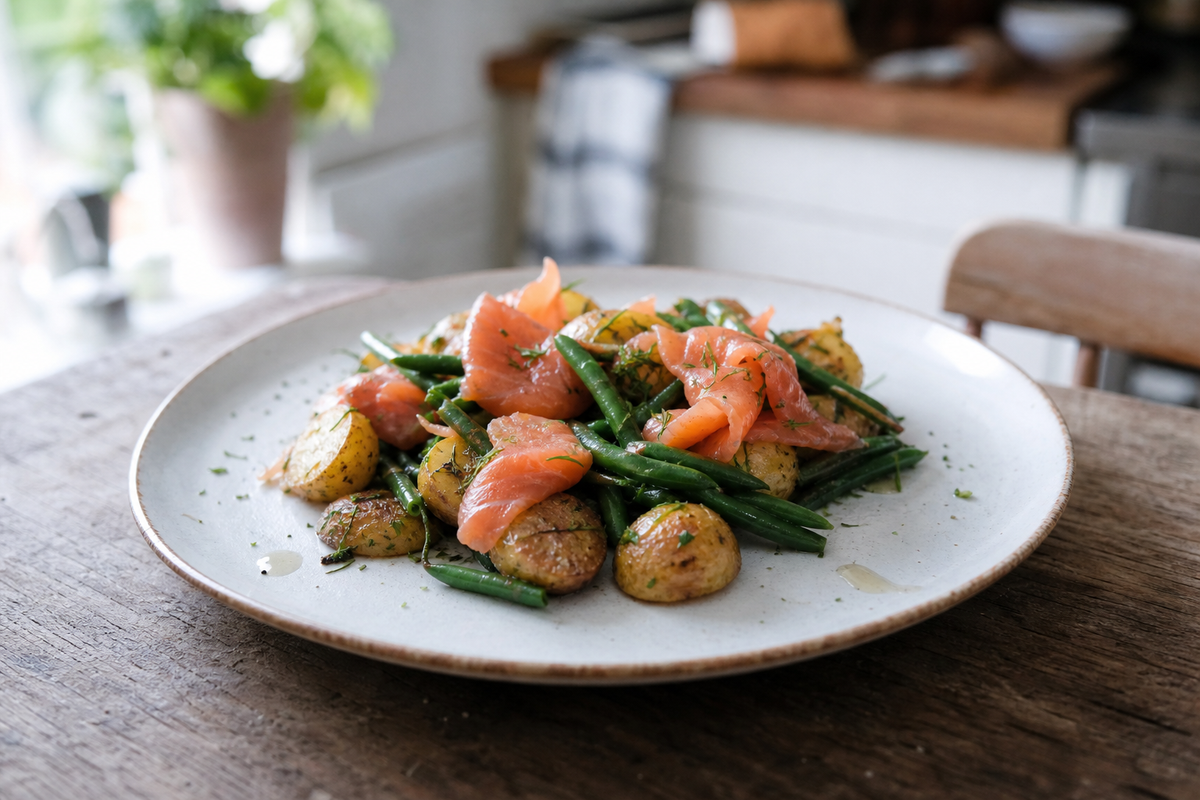Warme krielsalade met gerookte zalm en sperziebonen