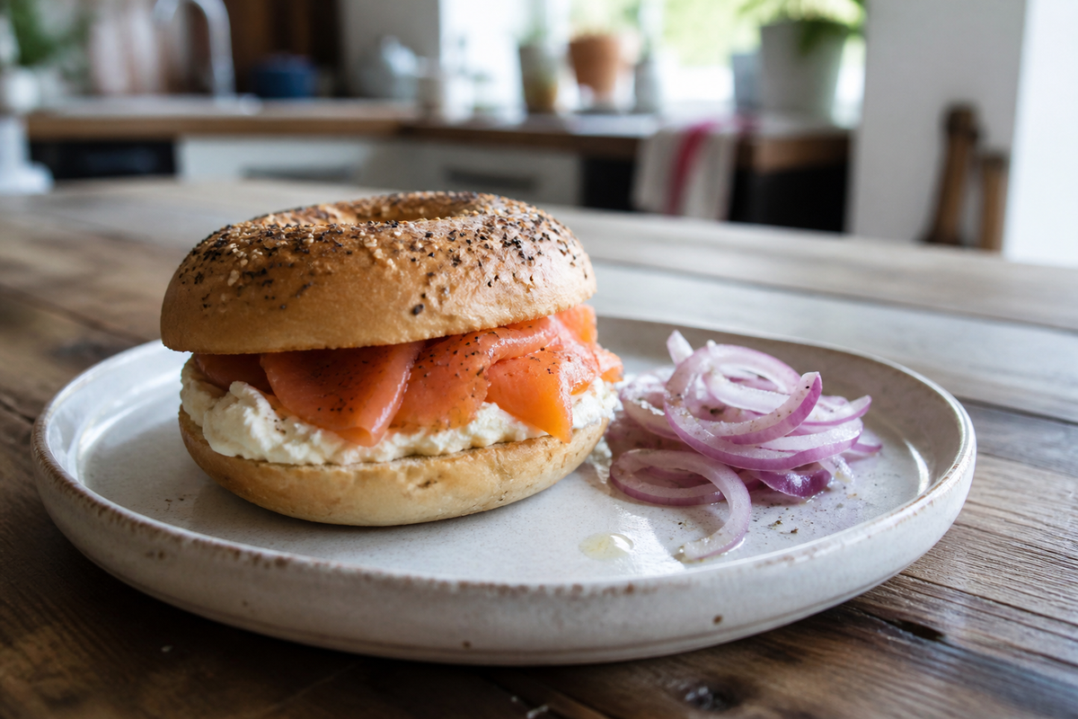 Bagel met roomkaas, gerookte zalm en rode ui