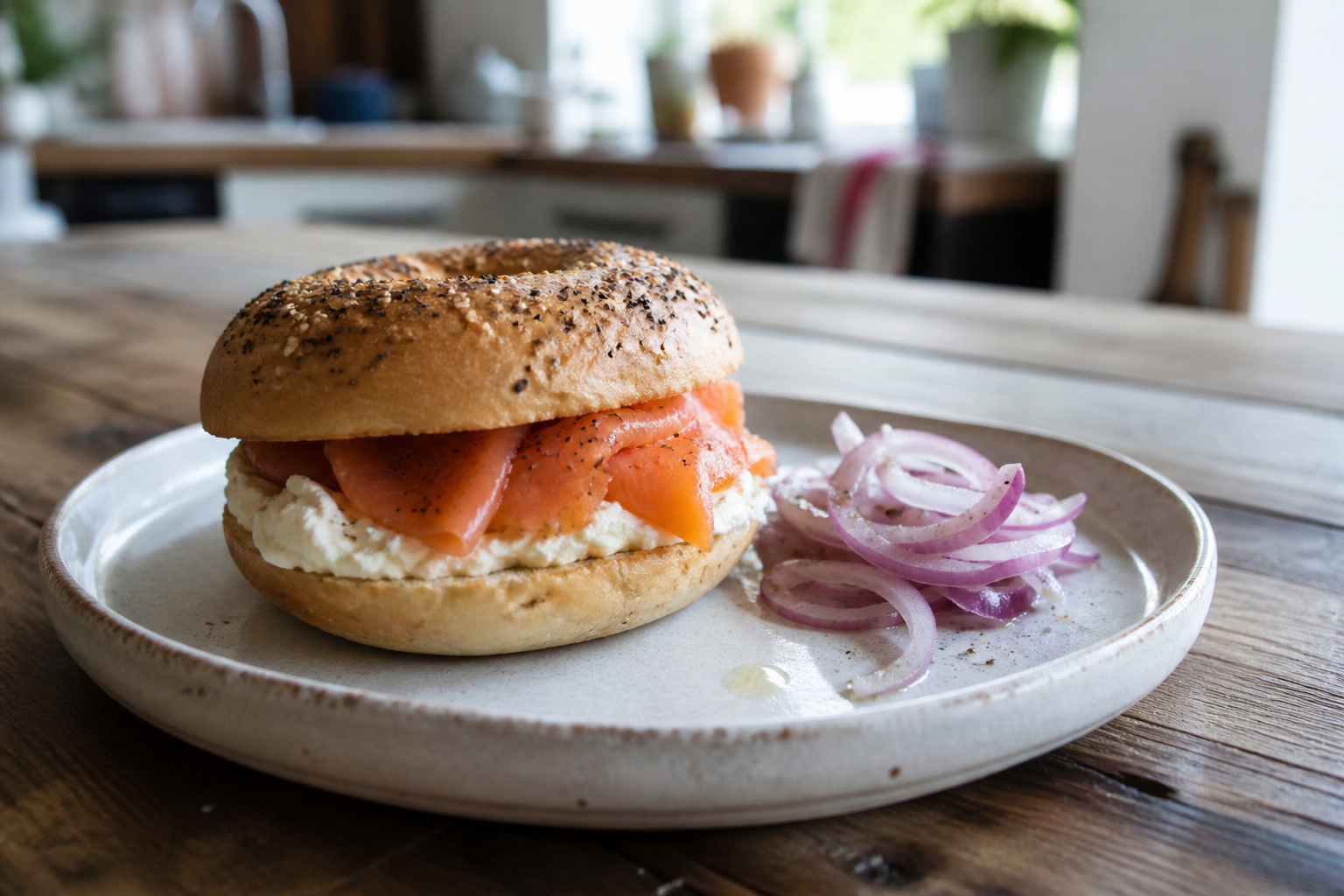 Bagel met roomkaas, gerookte zalm en rode ui