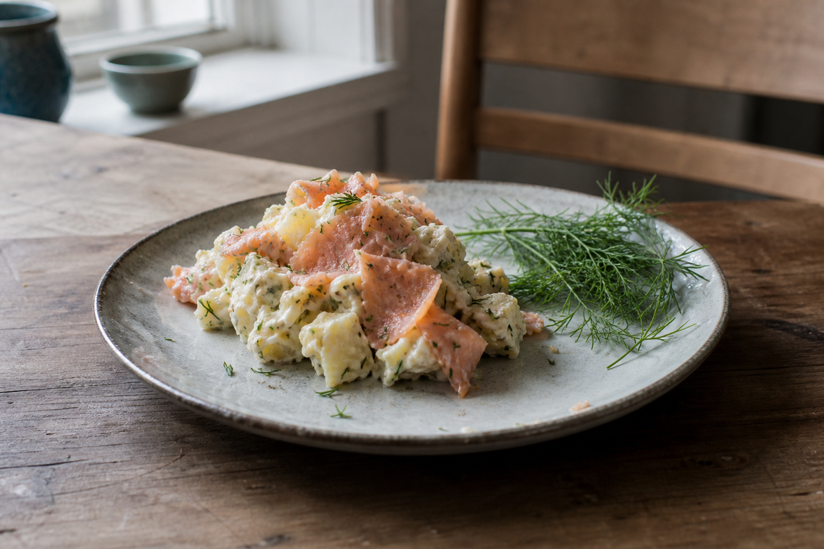 Aardappelsalade met gerookte zalm en dille