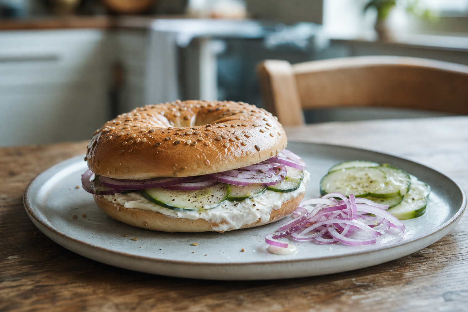 Bagel met roomkaas, komkommer en rode ui