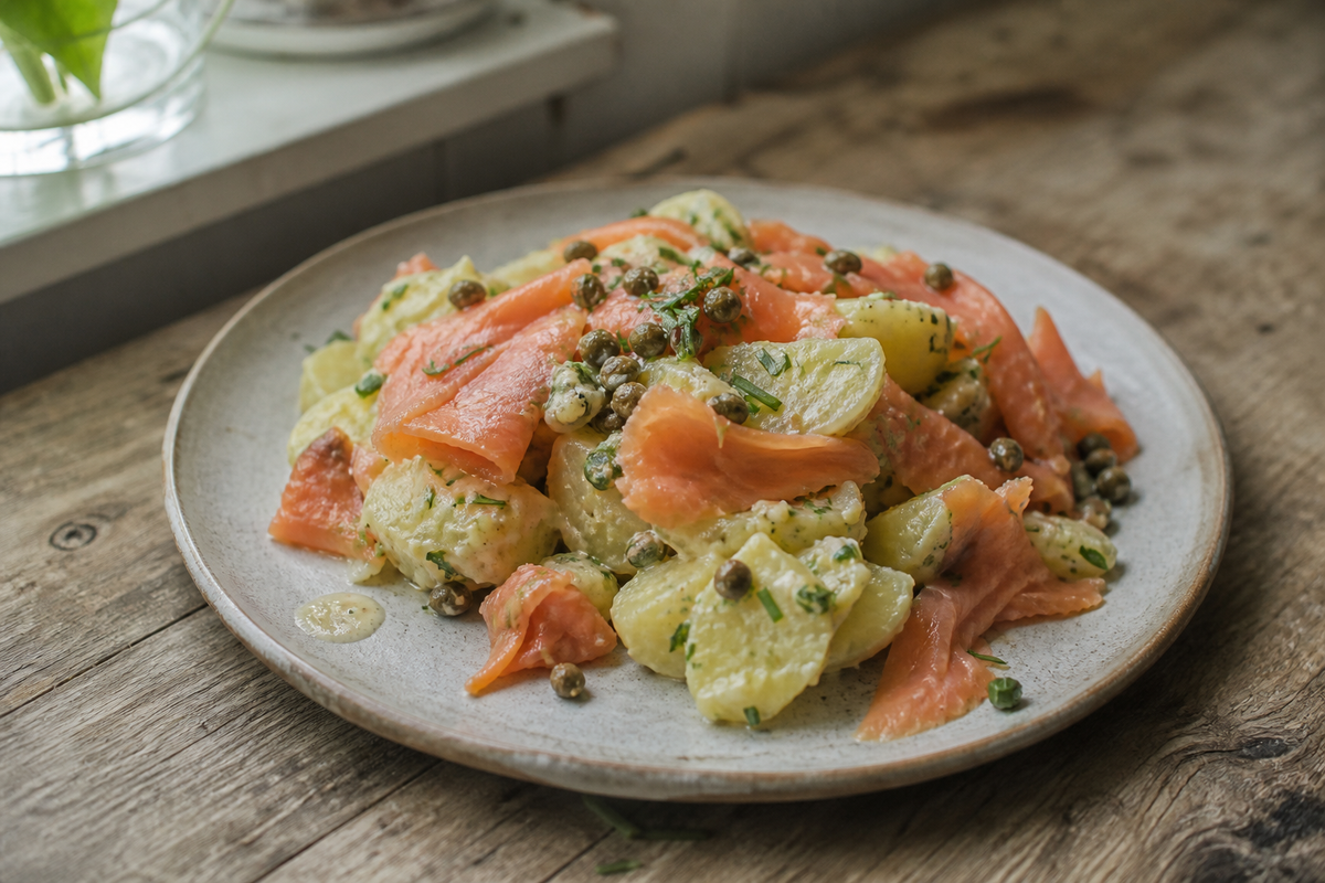 Aardappelsalade met gerookte zalm en kappertjes