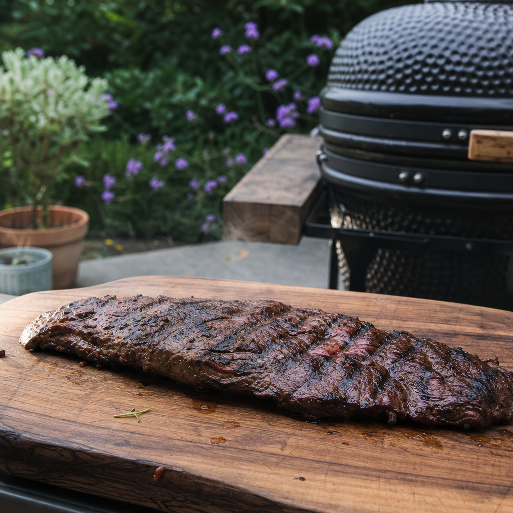Gegrilde bavet op een houten plank naast de BBQ, met donkere grillstrepen en rosé kern