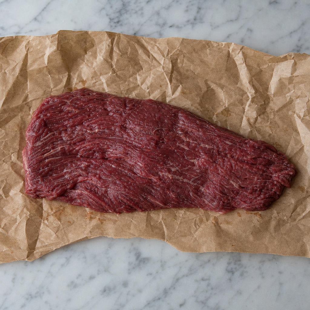Rauwe bavet op bruin papier, plat liggend in de lengte op een lichte marmeren ondergrond
