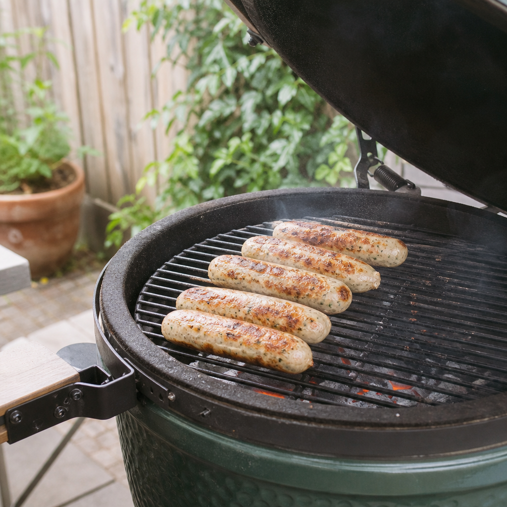 Vijf kipworsten grillend op de barbecue, licht geblakerd en in close-up van schuin boven