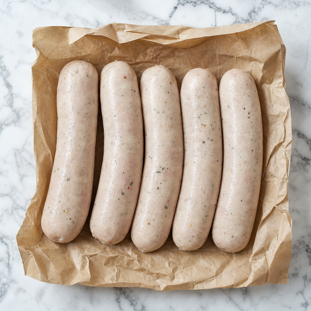 Vijf rauwe BBQ kipworsten op bruin papier, van boven gefotografeerd