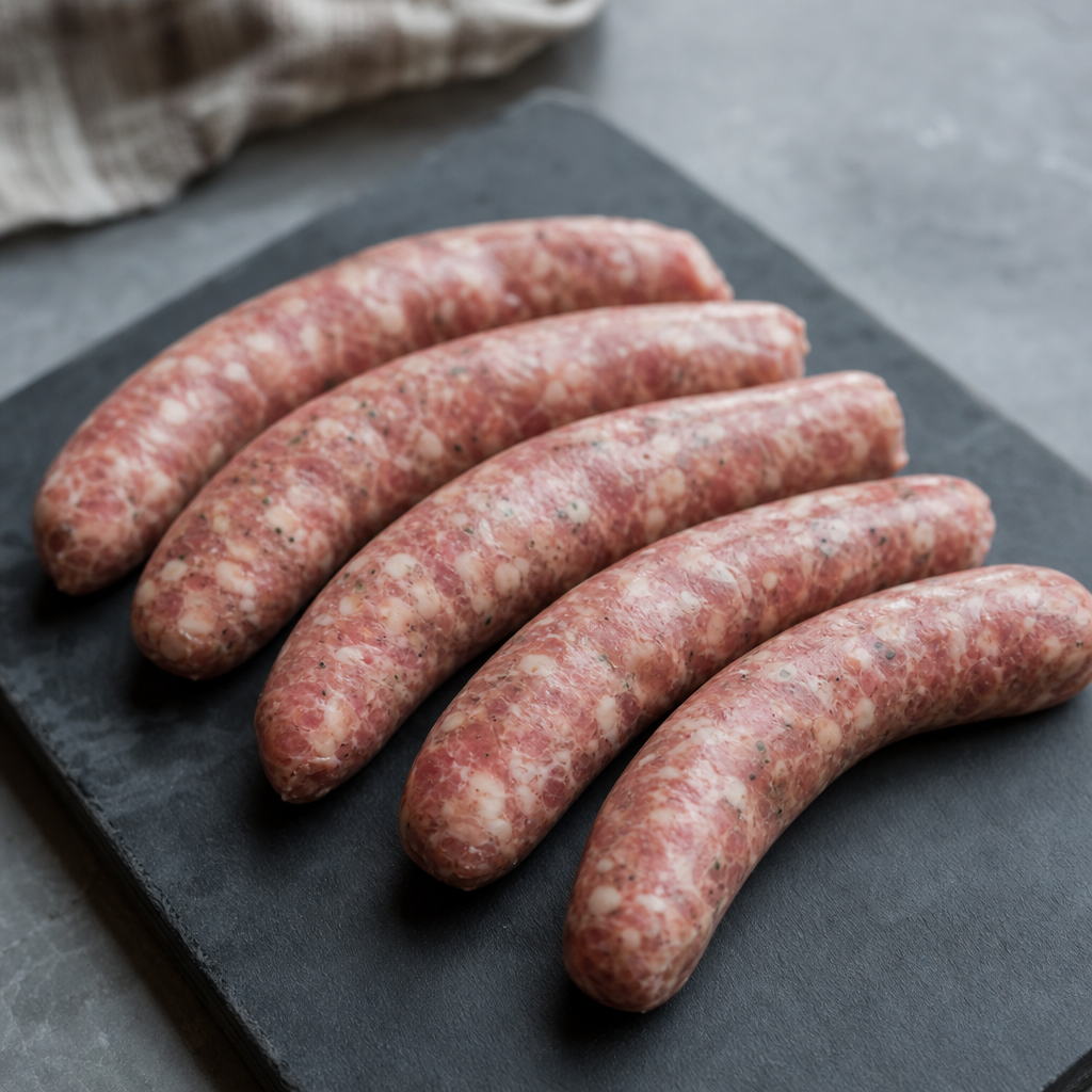 Vijf rauwe varkens BBQ-worsten op een donkere serveerplank