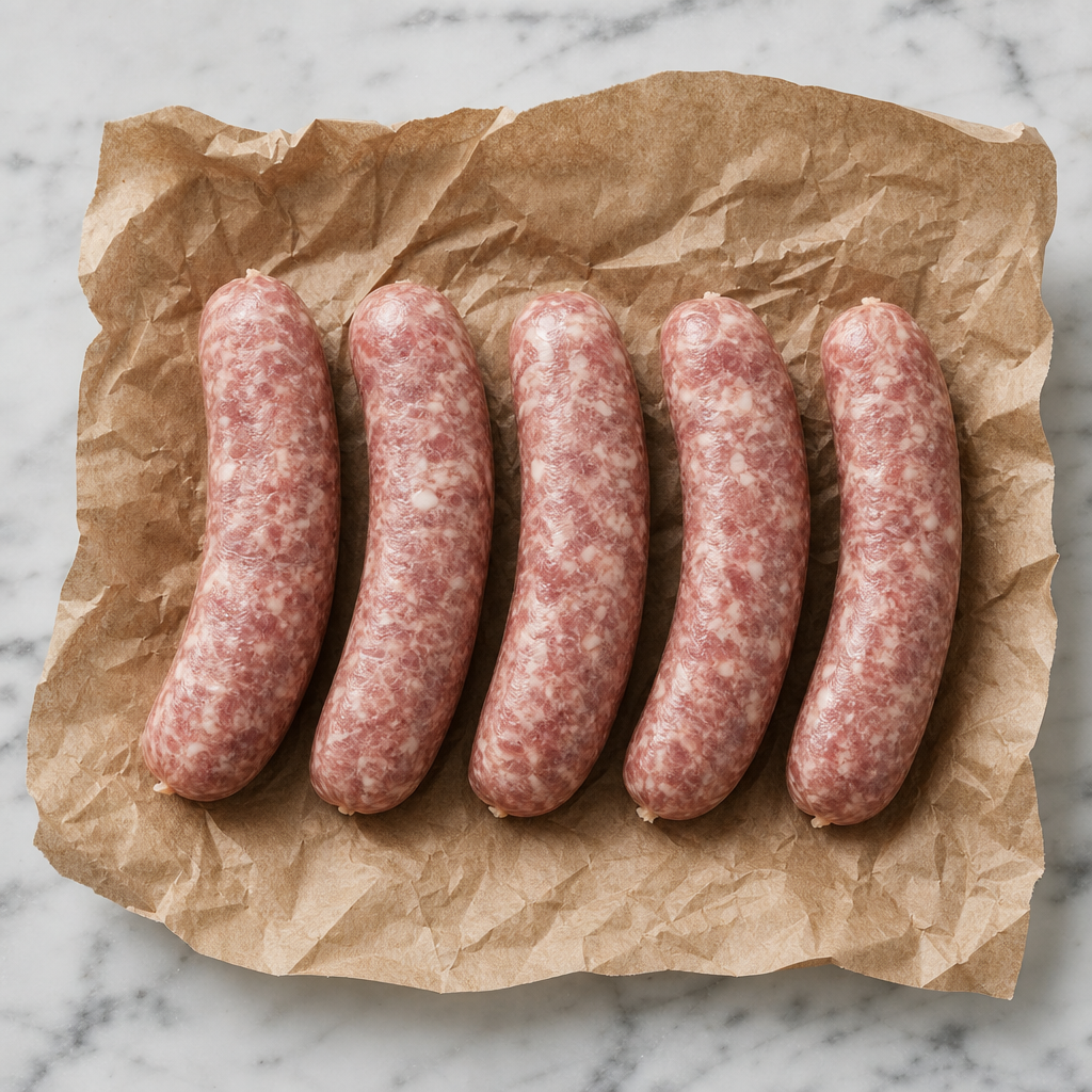 Vijf rauwe varkens BBQ-worsten naast elkaar op bruin papier