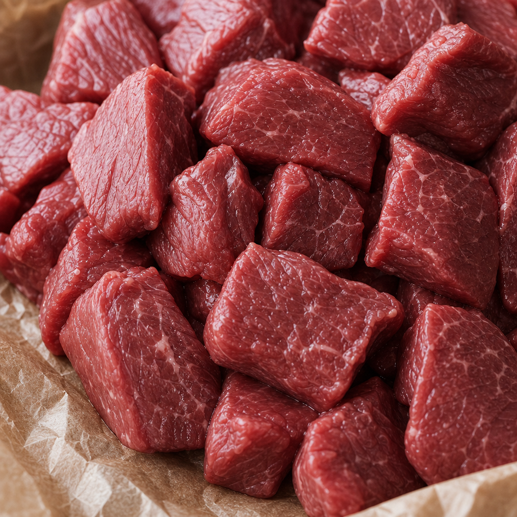 Rauwe biefstukpuntjes van kogelbiefstuk in close-up op bruin bakpapier