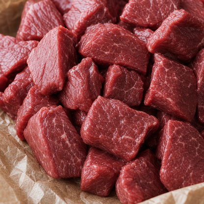 Rauwe biefstukpuntjes van kogelbiefstuk in close-up op bruin bakpapier