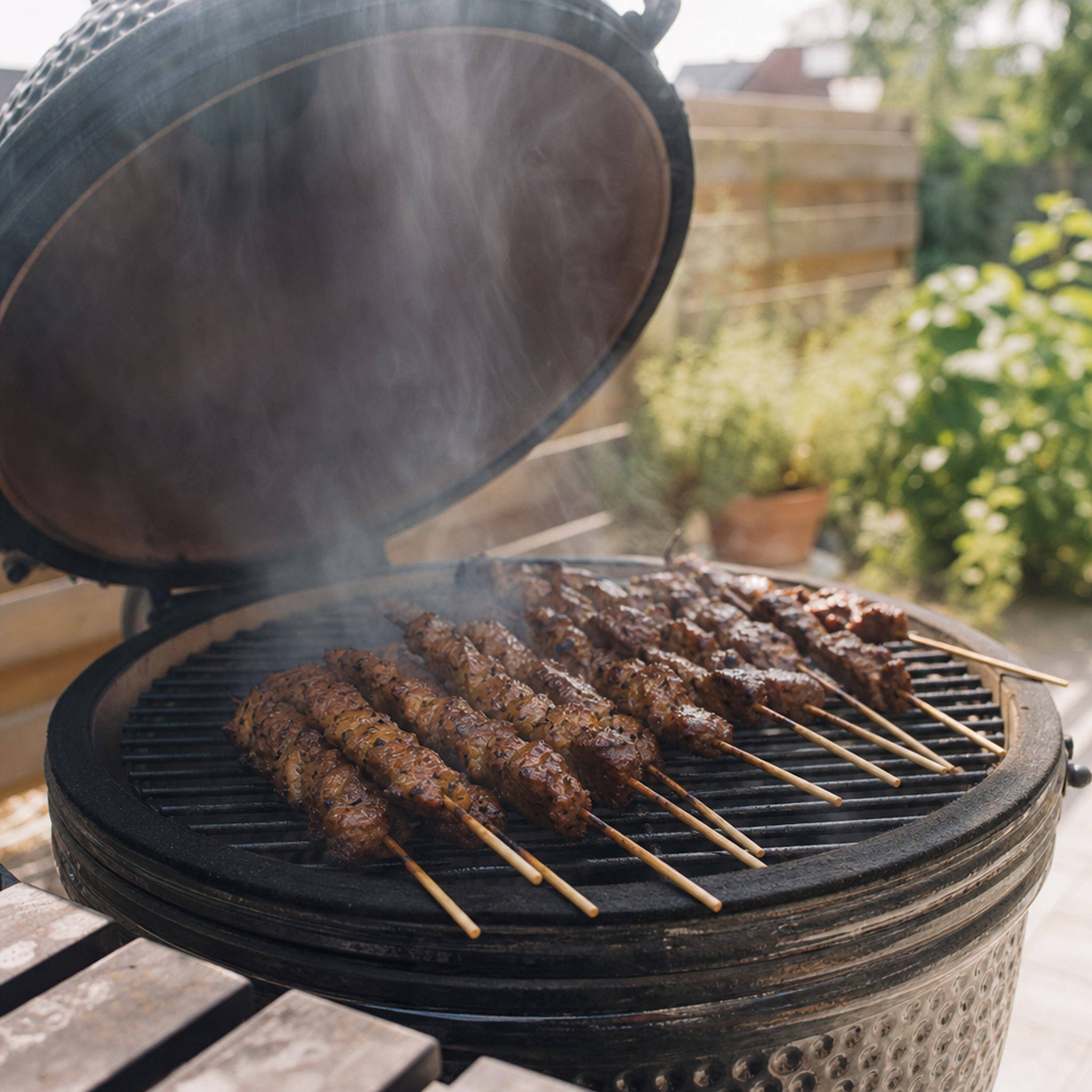 Gekruide biefstukspiesen op de barbecue, grillend op een kamado