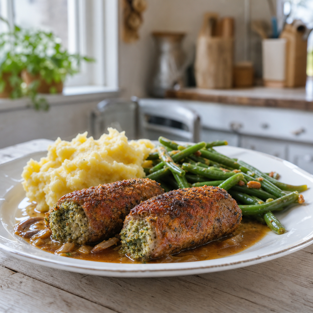 Twee gebakken boomstammetjes met aardappelpuree en sperziebonen op een bord