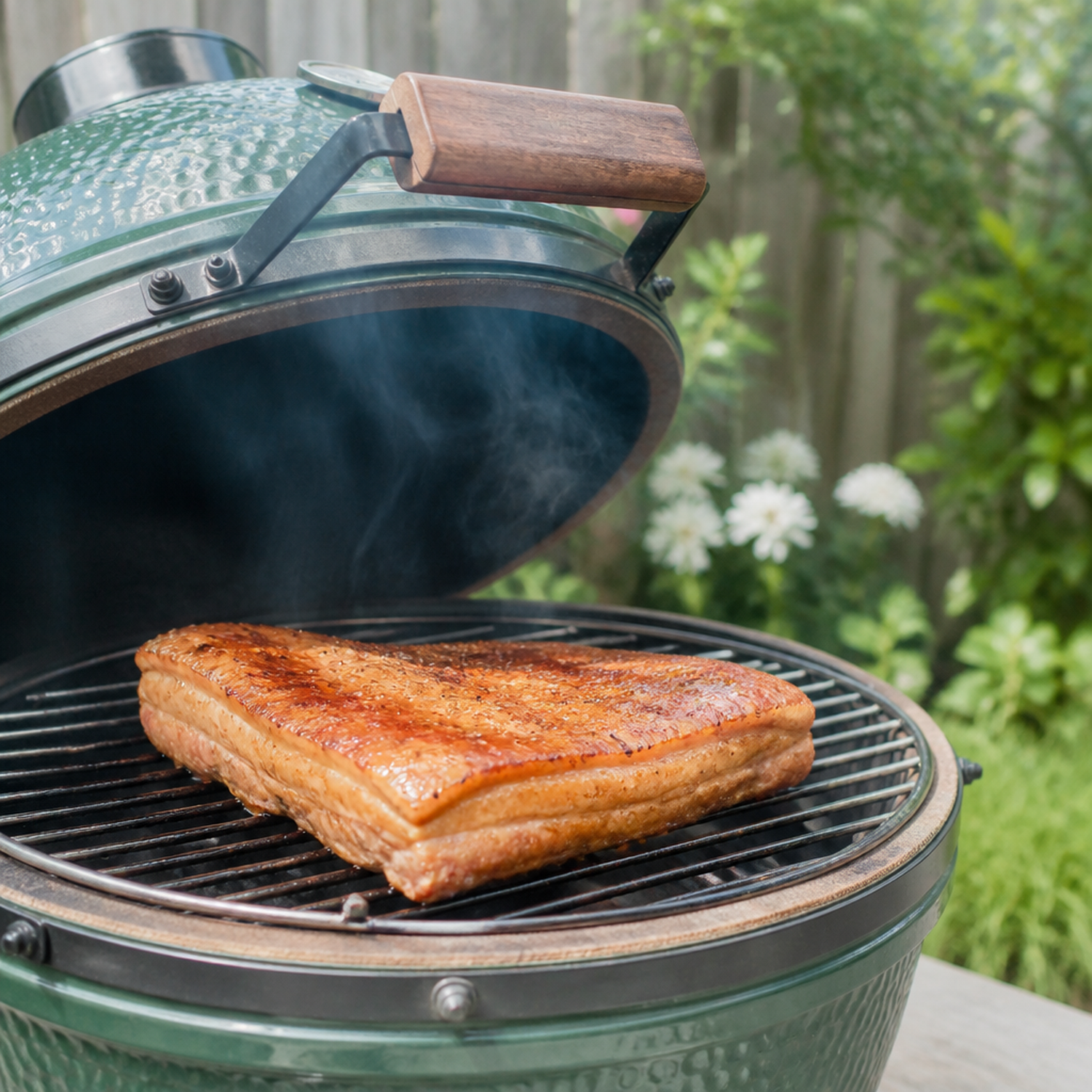 Geconfijt buikspek op de grill van een groene kamado, met goudbruine krokante vetkant