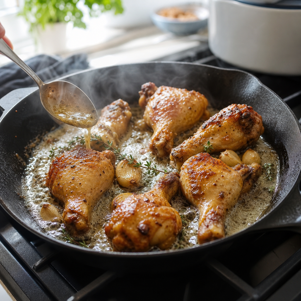 Gebakken kipdrumsticks in een koekenpan met knoflook en tijm, met saus die wordt opgeschept