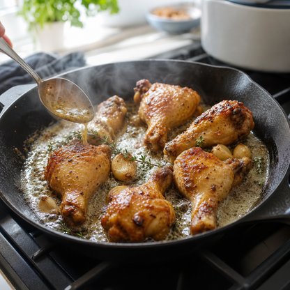 Gebakken kipdrumsticks in een koekenpan met knoflook en tijm, met saus die wordt opgeschept