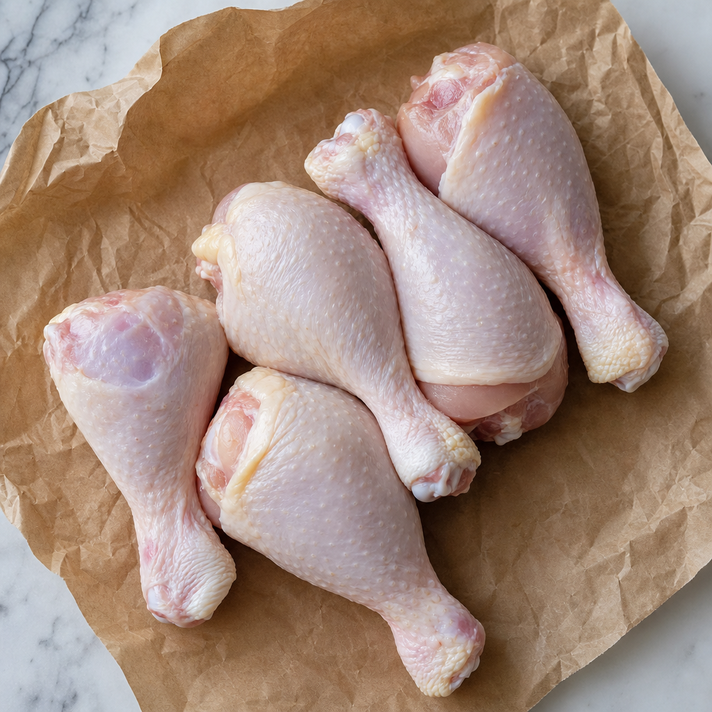 Rauwe kipdrumsticks op bruin bakpapier, van bovenaf gefotografeerd