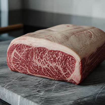 Hele graan gevoerde entrecote met marmering en vetkap op een stenen werkblad