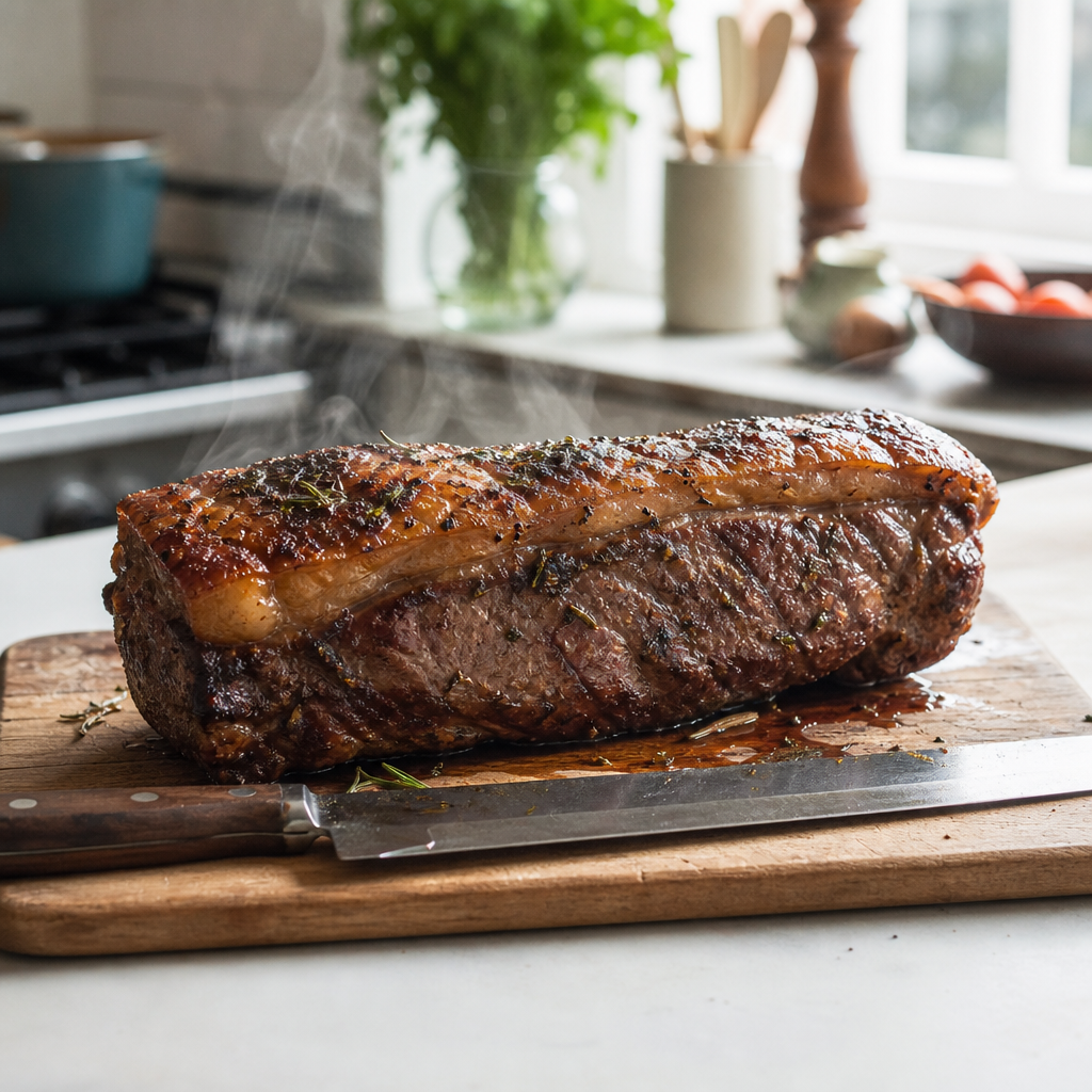 Gegaarde hele entrecote met goudbruine vetkap op snijplank