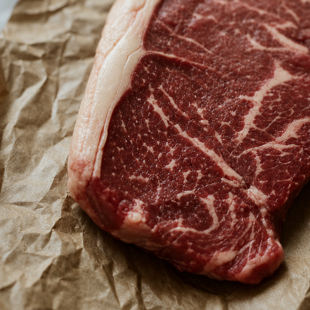 Rauwe graan gevoerde entrecote met mooie marmering en vetrand op bruin papier