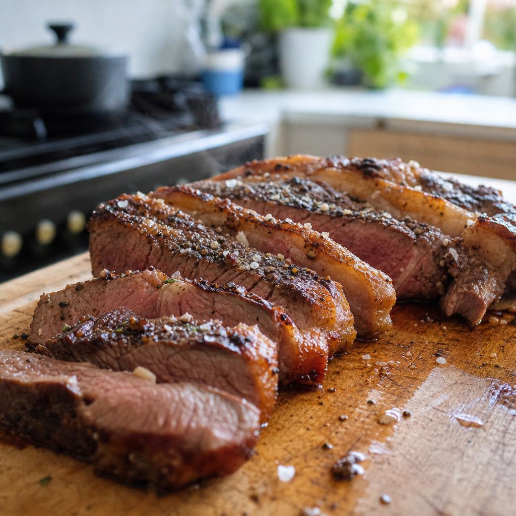 Gesneden entrecote met goudbruine vetrand en rosé kern op snijplank