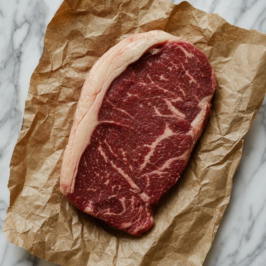 Rauwe graan gevoerde entrecote met vetrand op bruin papier