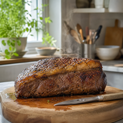 Geroosterde hele entrecote met vetkap op snijplank in keuken