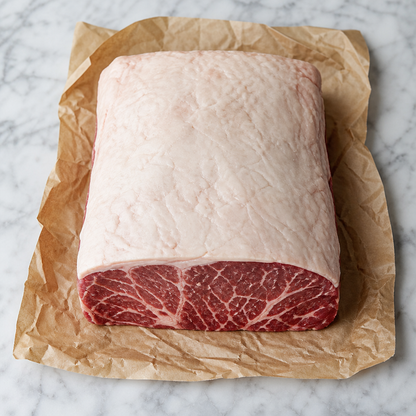 Hele entrecote van rundvlees met vetkap, ongegaard op bakpapier