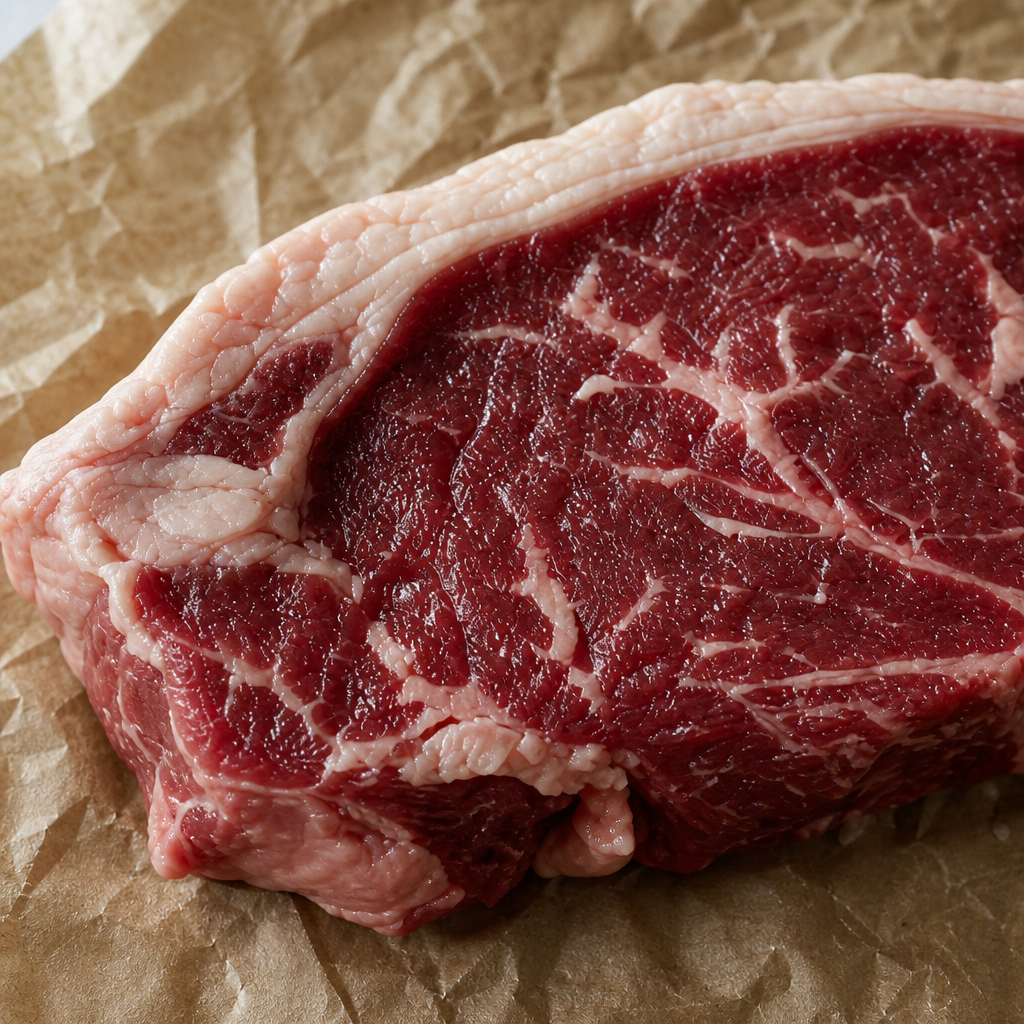 Close-up van rauwe New Zealand entrecote met marmering en dikke vetrand op bakpapier