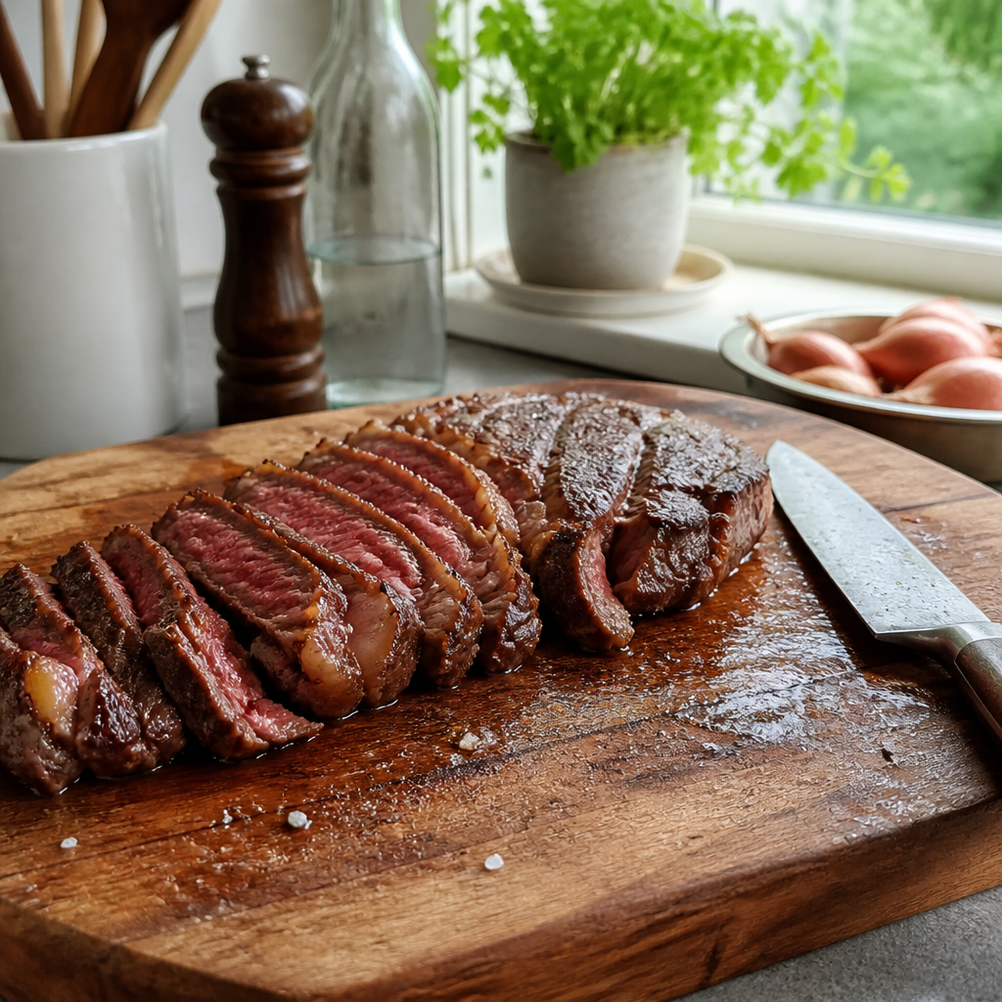 In plakken gesneden gegrilde entrecote met rosé kern en vetrand op snijplank