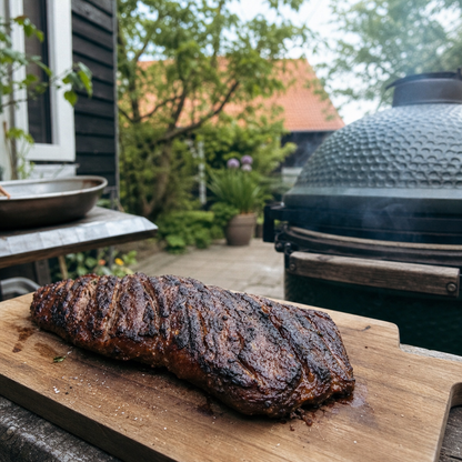 Gegrilde Fat Angus bavet op een houten plank naast de BBQ, met lichte grillstrepen