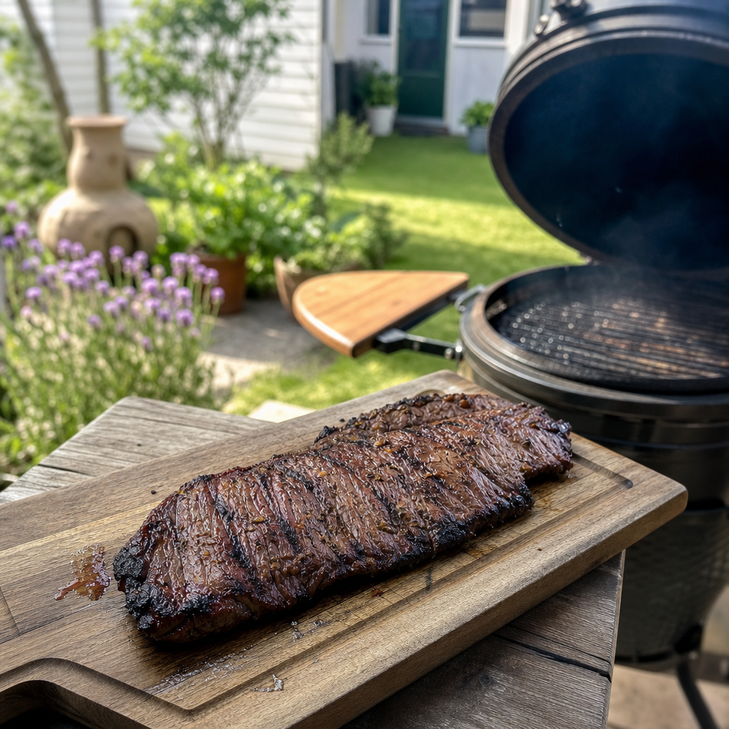 Gegrilde bavet steak op houten snijplank naast open barbecue