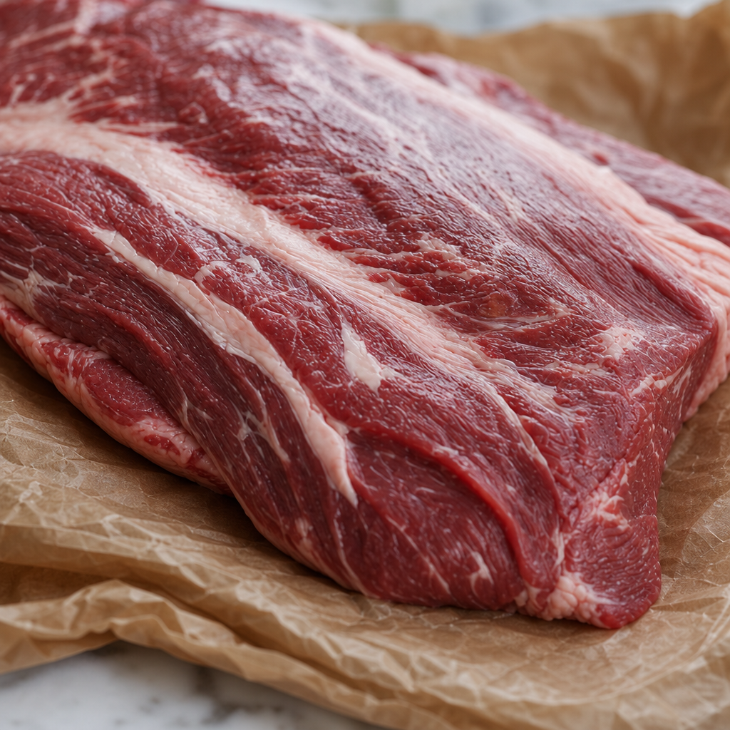 Rauwe Fat Angus brisket met vetdooradering op bruin papier, schuin van voren