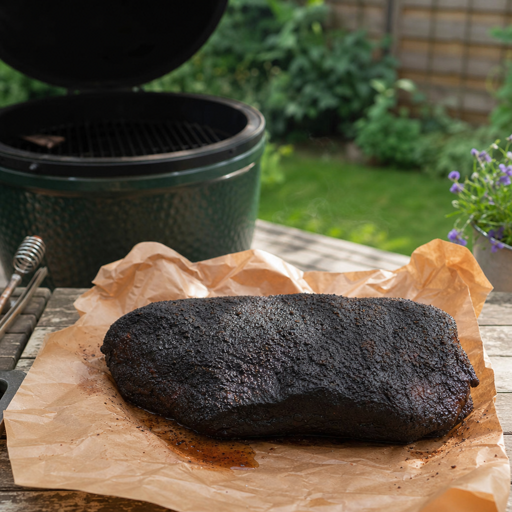 Gegaarde Fat Angus brisket met donkere bark op bakpapier naast een BBQ