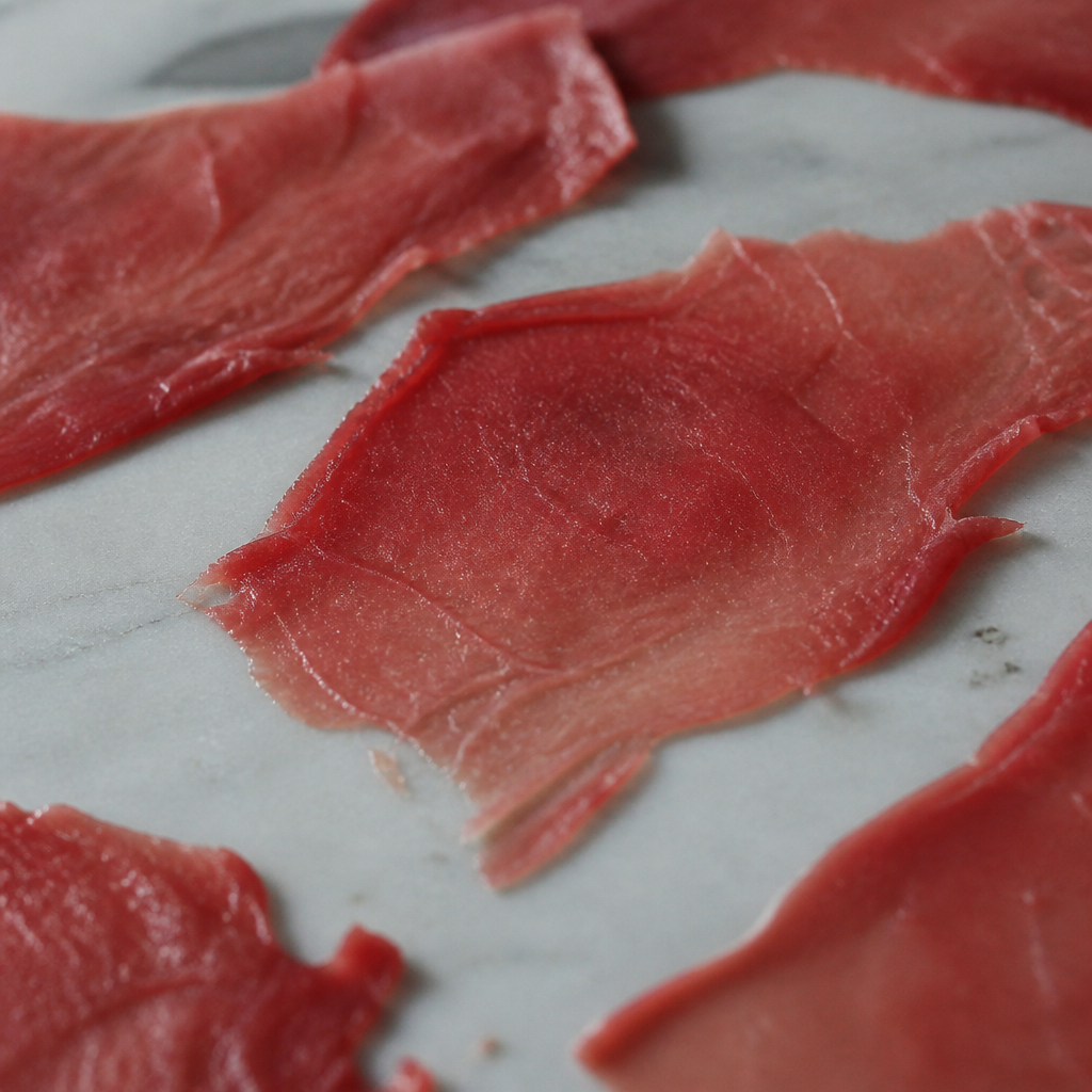 Flinterdunne plakjes Angus carpaccio op een lichte ondergrond
