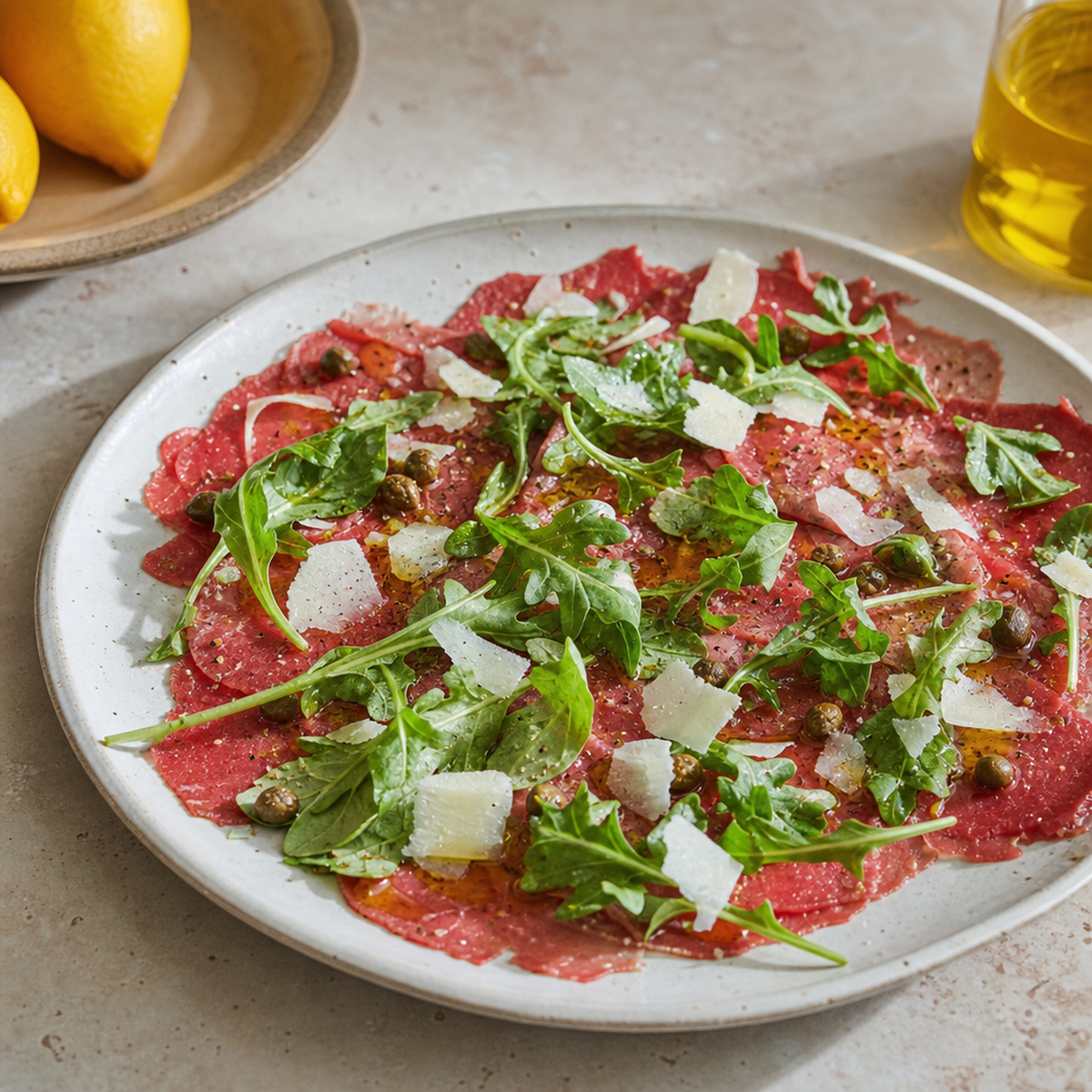 Klassiek opgemaakte carpaccio van Angus rundvlees met rucola, Parmezaan en olijfolie op een bord