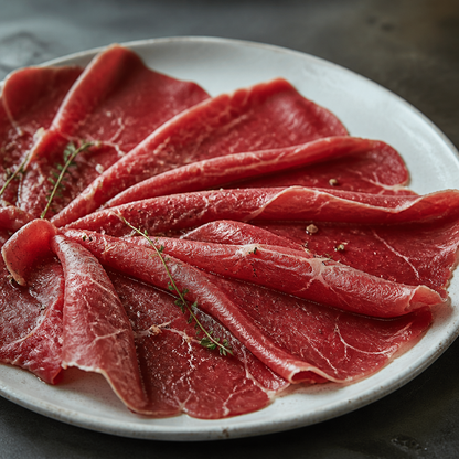 Dunne plakken Angus carpaccio op een wit bord, licht opgerold en klaar om te garneren