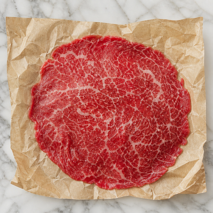 Dun gesneden Angus carpaccio op bruin papier, bovenaanzicht