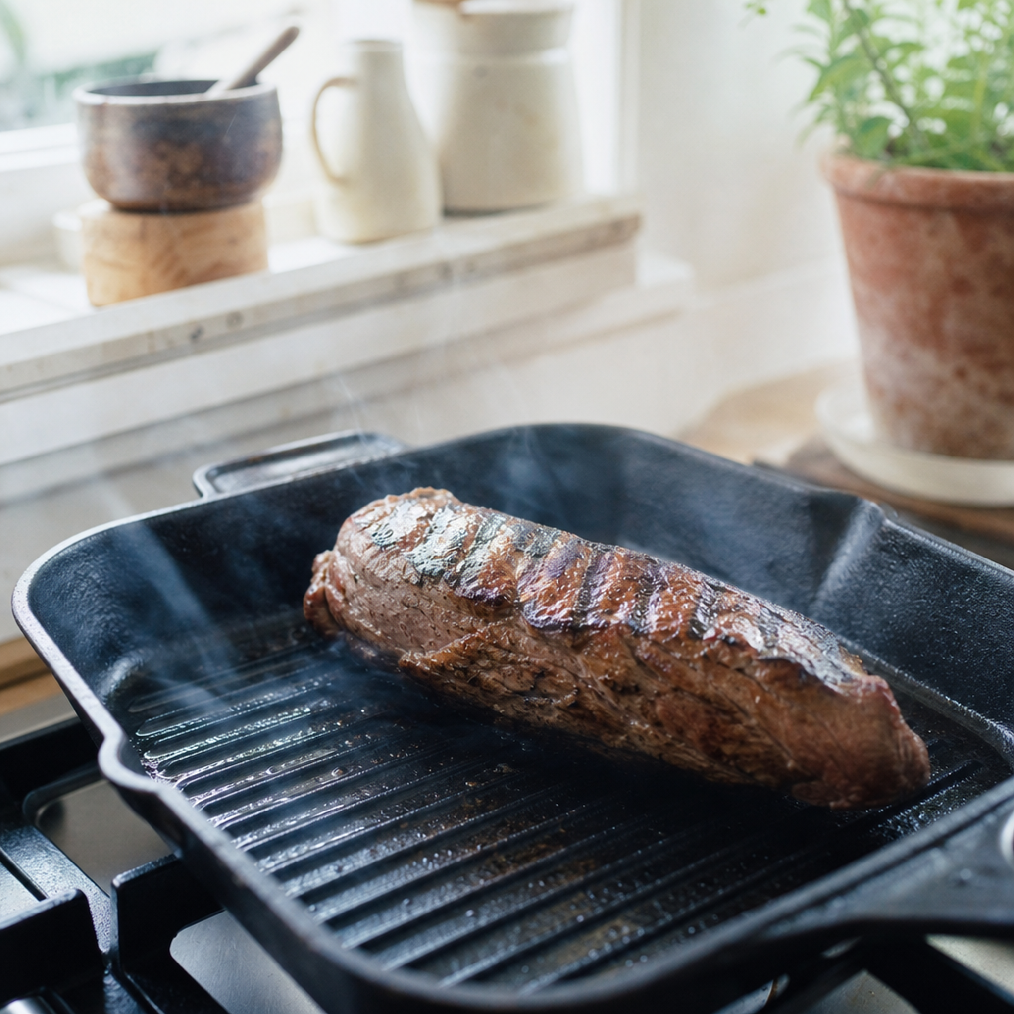 Gegaarde Fat Angus chateaubriand in grillpan, met mooie grillstrepen