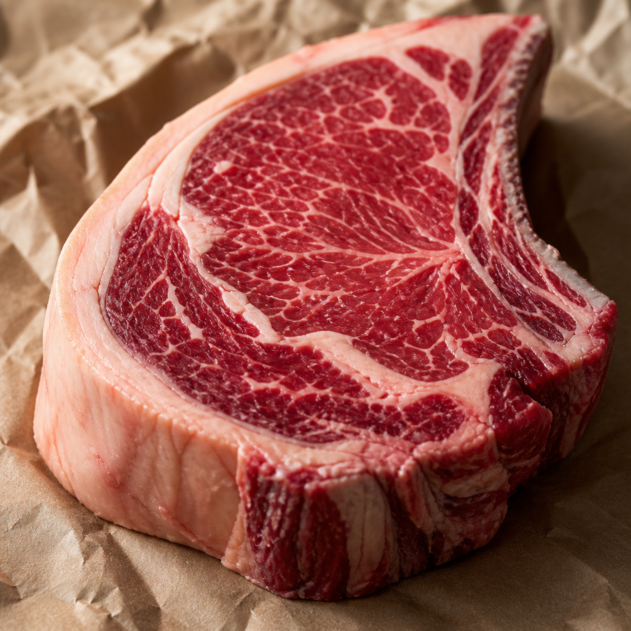 Rauwe Fat Angus côte de boeuf met bot en marmering op bruin papier