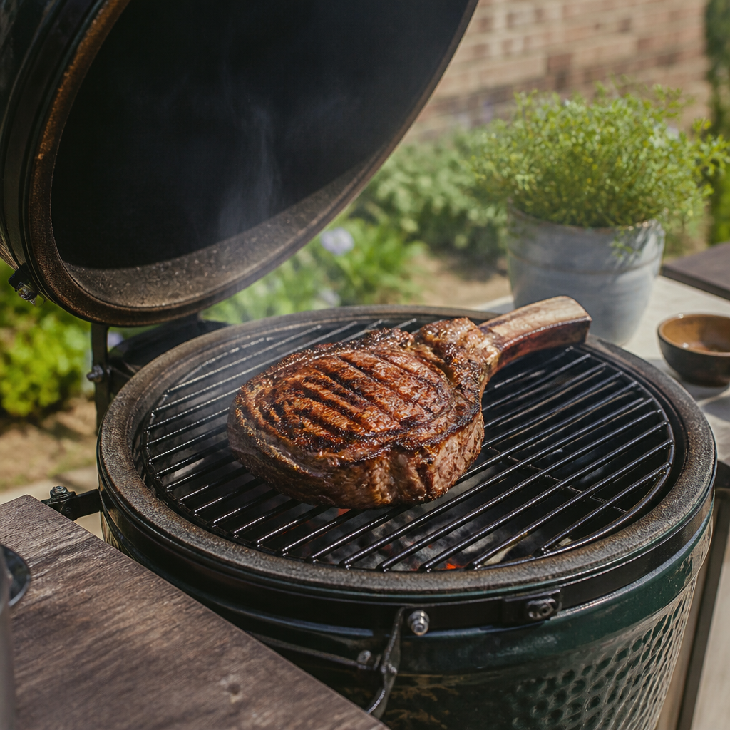 Gegrilde côte de boeuf met bot op de BBQ, met stevige grillstrepen
