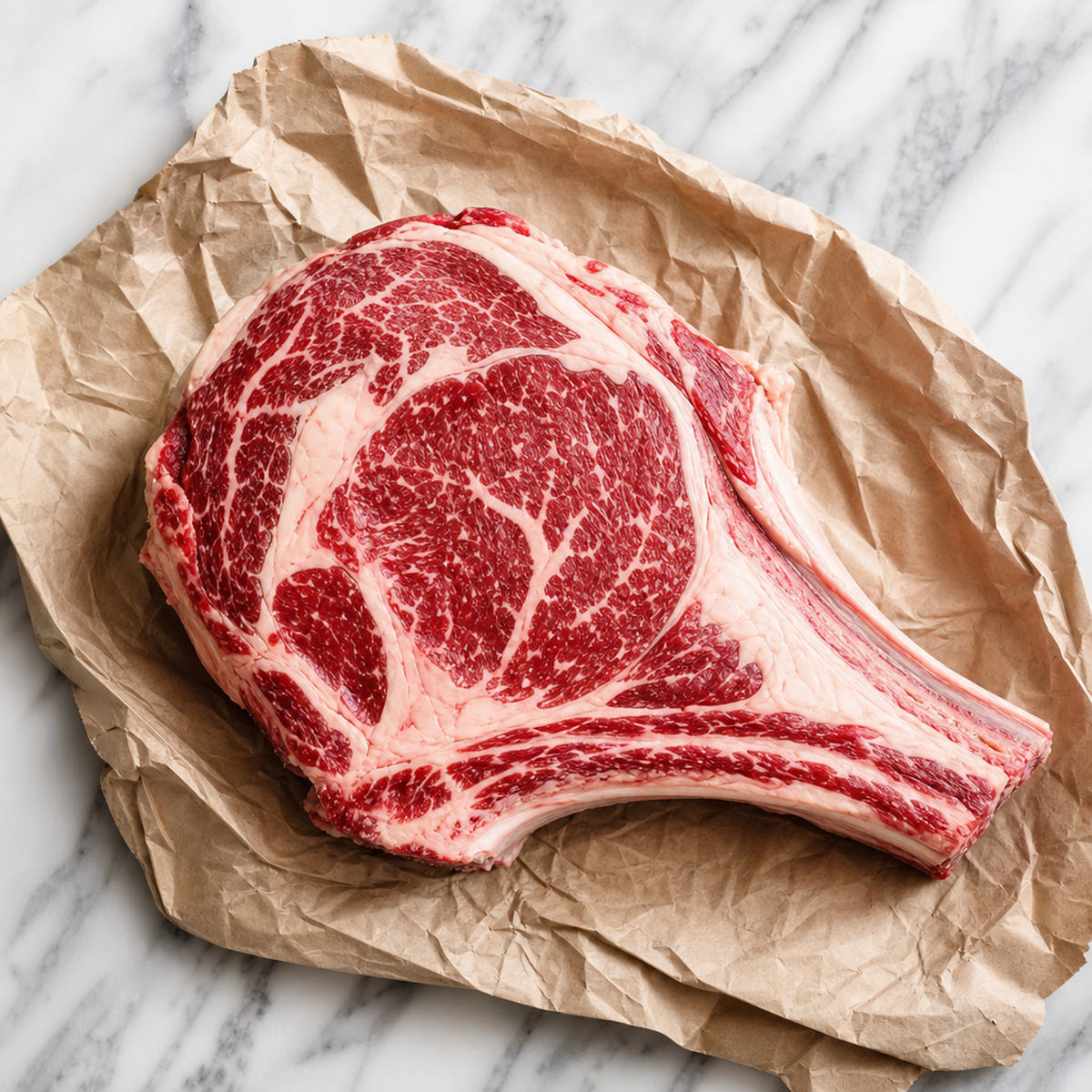 Rauwe côte de boeuf met bot en veel marmering op bruin papier