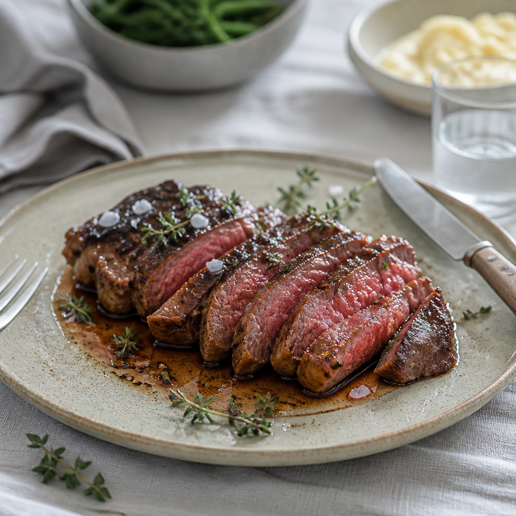 In plakken gesneden Fat Angus diamant haas met rosé kern op bord met tijm en jus