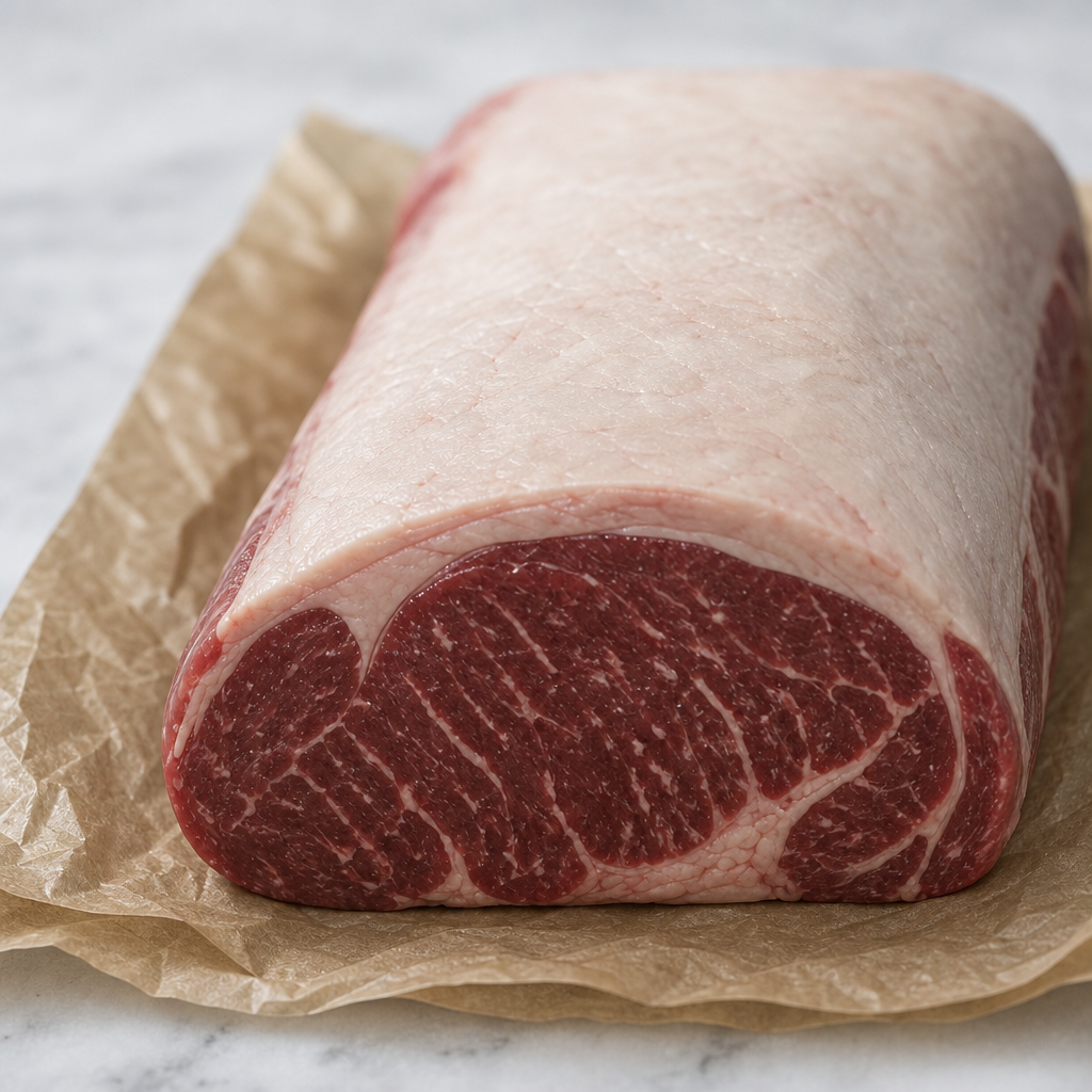 Hele entrecote met dikke vetkap en mooi gemarmerd rood rundvlees op bakpapier