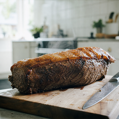 Gegaarde hele entrecote met krokante vetkap op snijplank, keukenmes ernaast