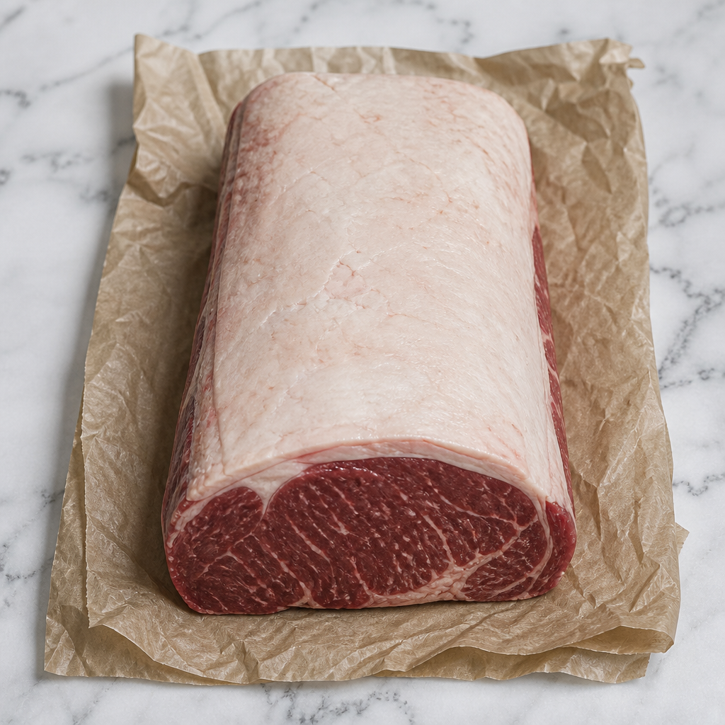 Hele entrecote van rund op bakpapier, met dikke vetkap en zichtbaar rood vlees aan de snijkant