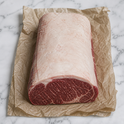 Hele entrecote van rund op bakpapier, met dikke vetkap en zichtbaar rood vlees aan de snijkant